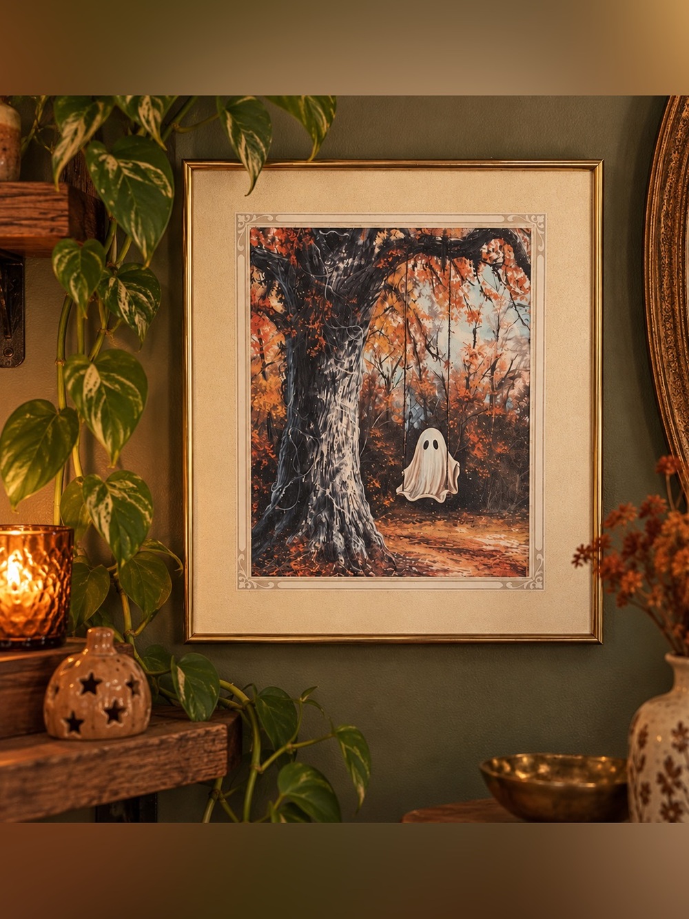 Haunting Ghost on a Swing Painting Poster Gold Framed Wall Art Dark Academia